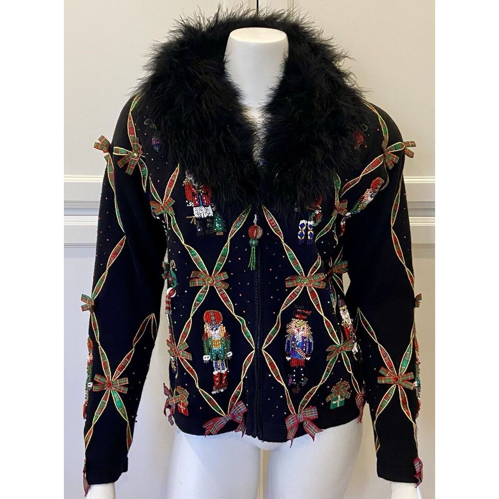 VTG Berek Sz S Embellished Nutcracker Sweater w/ Detachable Caribou Collar EUC